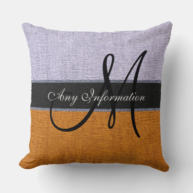 Monogram Orange and Silver Burlap Rustic Jute Cushion (Front)