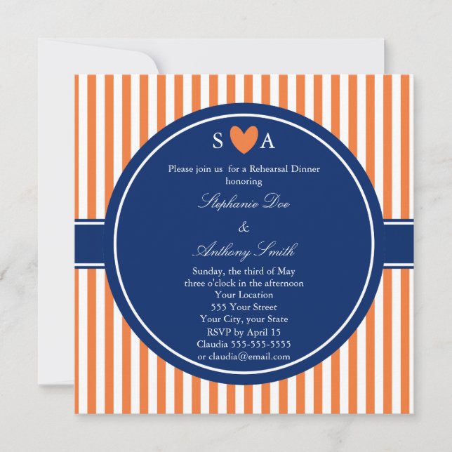 Monogram Orange and White Stripes with Royal Blue Invitation (Front)