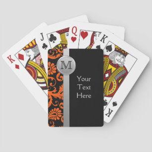 Monogram Orange Black Silver Damask Playing Cards
