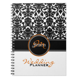 Monogram Orange Black White Damask Wedding Planner Spiral Notebook