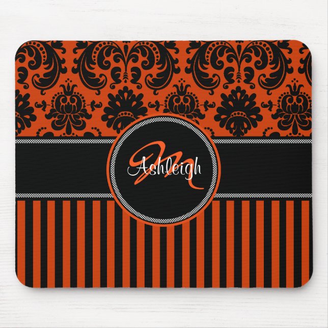 Monogram Orange Black White Stripe Damask Mousepad (Front)