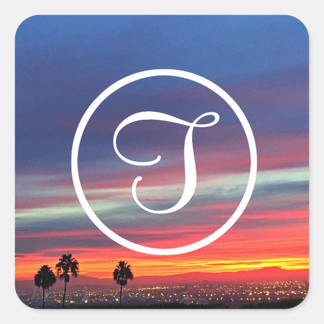 Monogram orange blue clouds sunset photo custom square sticker (Front)