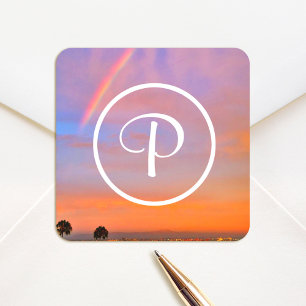 Monogram Orange Blue Sunset Rainbow Photo Modern Square Sticker