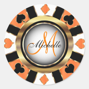 Monogram Orange  Casino Poker Chip Design Classic Round Sticker