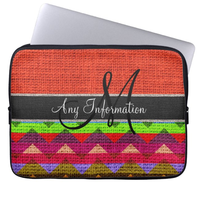 Monogram Orange Chevron Zigzag Burlap Jute Laptop Sleeve (Front)
