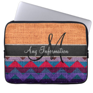 Monogram Orange Chevron Zigzag Burlap Jute Laptop Sleeve
