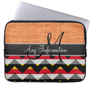 Monogram Orange Chevron Zigzag Burlap Jute Laptop Sleeve