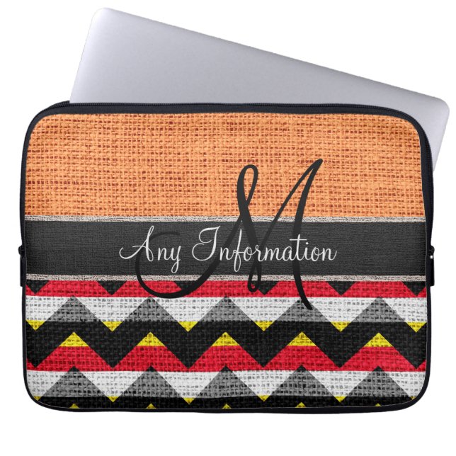 Monogram Orange Chevron Zigzag Burlap Jute Laptop Sleeve (Front)