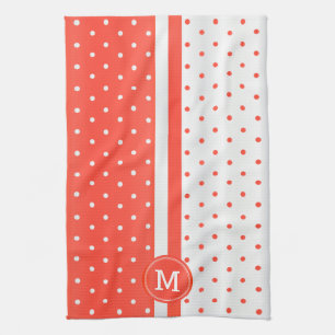 Monogram Orange Coral and White Polka Dot Tea Towel