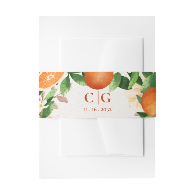 Monogram Orange Florals Citrus Wedding Invitation Belly Band (Front Example)