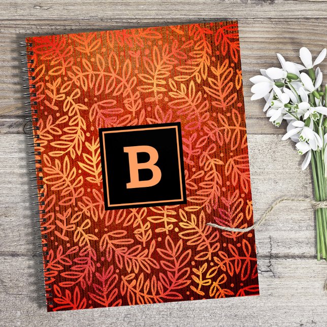Monogram orange foliage leaf pattern modern simple notebook (Creator Uploaded)