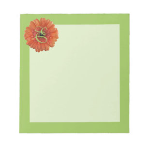Monogram Orange Gerbera Daisy Green Notepad