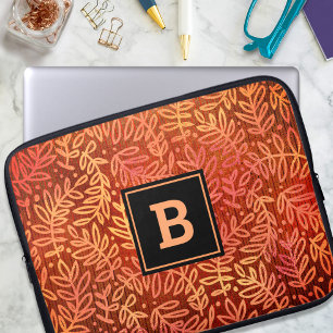 Monogram orange gold ombre leaf pattern modern laptop sleeve