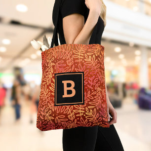 Monogram orange gold ombre leaf pattern modern tote bag