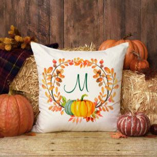 Monogram Orange Plaid Tartan Fall Pumpkin Floral Cushion