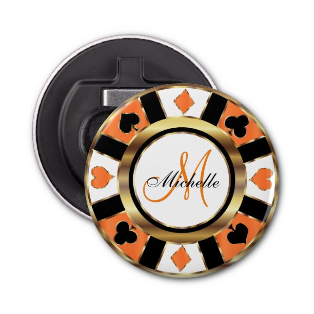 Monogram Orange Poker Chip Design Bottle Opener (Front)
