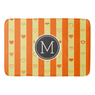 Monogram Orange Stripes Modern Heart Pattern Bath Mat