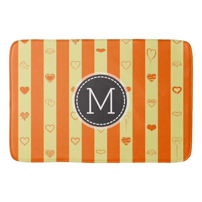 Monogram Orange Stripes Modern Heart Pattern Bath Mat (Front)