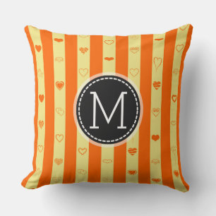 Monogram Orange Stripes Modern Heart Pattern Cushion