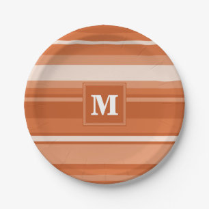 Monogram orange stripes paper plate