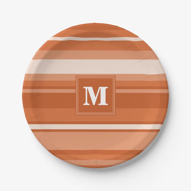 Monogram orange stripes paper plate (Front)