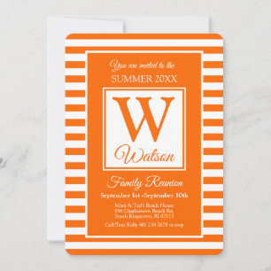 Monogram Orange Stripes Summer Family Reunion Invitation