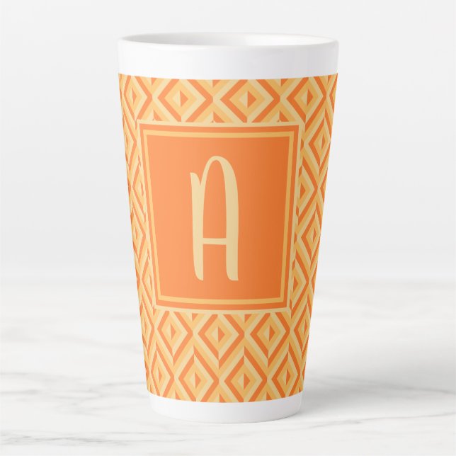 Monogram Orange Three-Tone Diamond Pattern Latte Mug (Front)