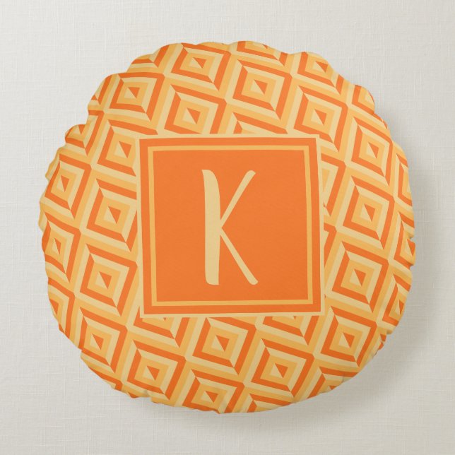 Monogram Orange Three-Tone Diamond Pattern Round Cushion (Front)