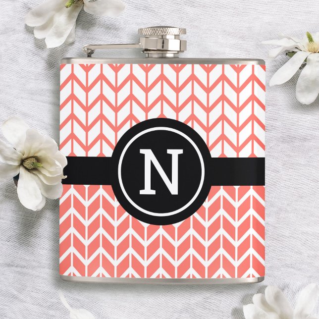Monogram Orange White Chevron Pattern Bold Modern Hip Flask (Creator Uploaded)