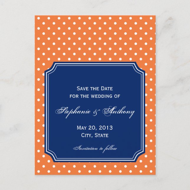 Monogram Orange, White Polka Dot with Royal Blue Announcement Postcard (Front)