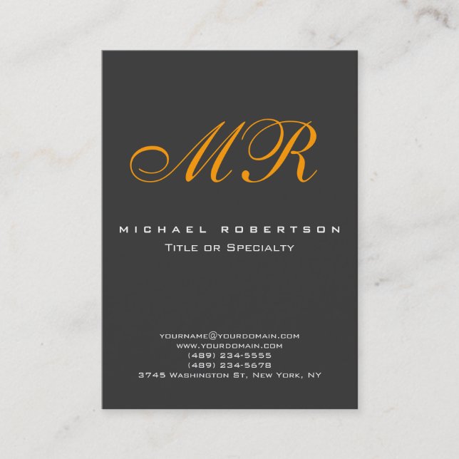 Monogram Orange Yellow Grey Chubby Business Card (Front)