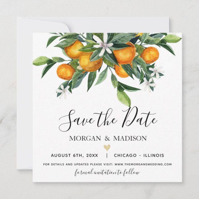 Monogram Oranges Save the Date Announcement (Front)