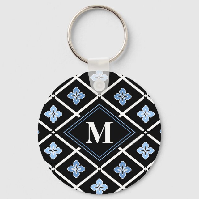Monogram Oriental Blue Sakura Pattern Key Ring (Front)