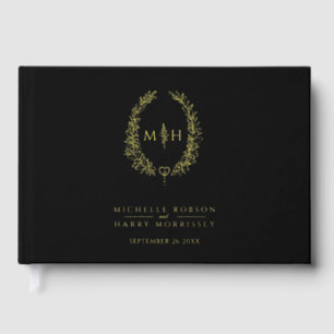 Monogram oval leaves gold black wedding guest book