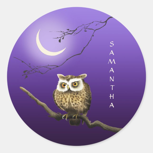 Monogram Owl Night Moonlight Dark Blue Sticker (Front)