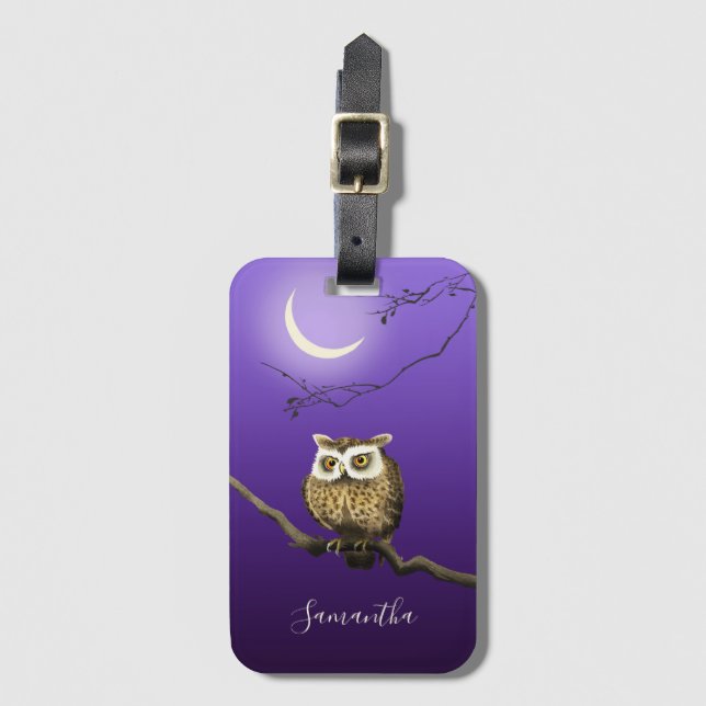 Monogram Owl Night Moonlight Deep Blue Luggage Tag (Front Vertical)