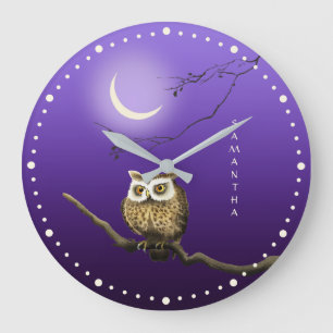 Monogram Owl Night Moonlight Deep Blue Wall Clock