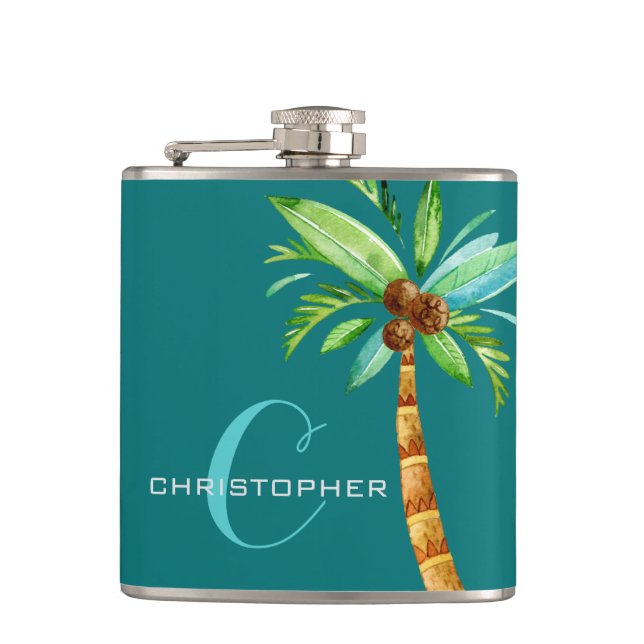 Monogram Own Name Elegant Teal Palm Groomsmen Hip Flask (Front)
