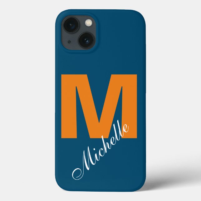 Monogram Own Name Initial Modern Ocean Blue Orange Case-Mate iPhone Case (Back)
