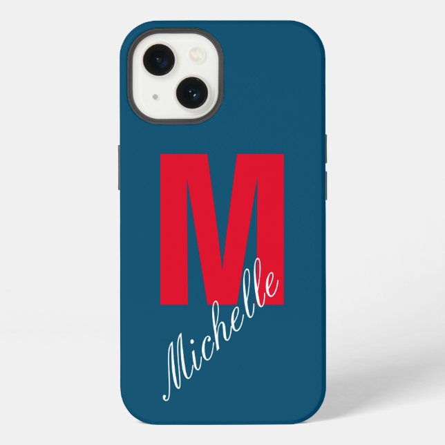 Monogram Own Name Initial Modern Plain Blue Red iPhone Case (Back)