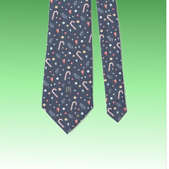 Monogram Oxford Blue Candy Canes Gold Stars Hearts Tie (Creator Uploaded)
