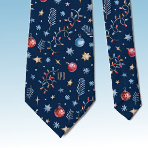 Monogram, Oxford Blue Stars & Holiday Lights Tie