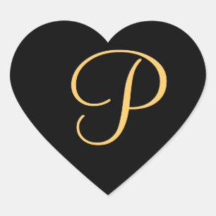 Monogram P,  gold coloured initial P on black, Heart Sticker