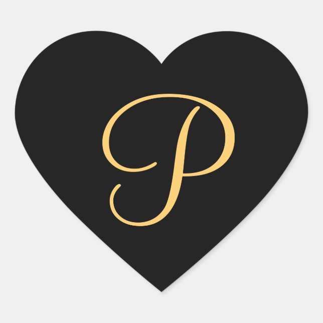 Monogram P,  gold-coloured on black,  Heart Sticker (Front)