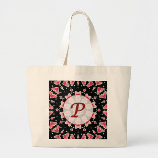 Monogram P Pink Hearts on Black Mandala Jumbo Tote