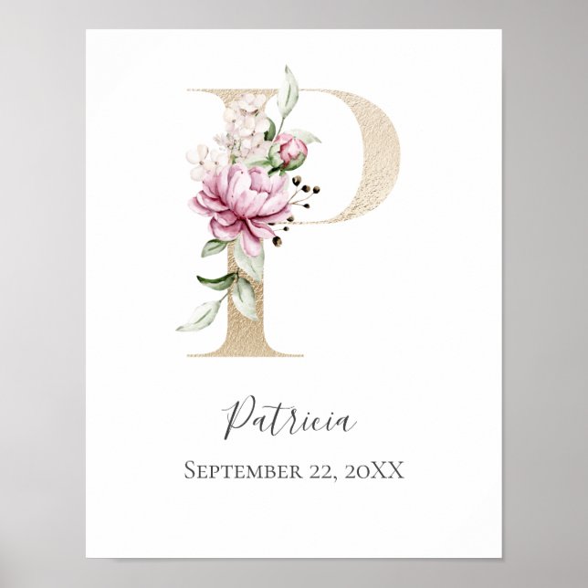 Monogram P Pink White Floral Gold Letter Nursery  Poster (Front)