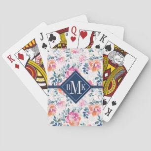 Monogram   Painted Roses Pattern Playing Cards