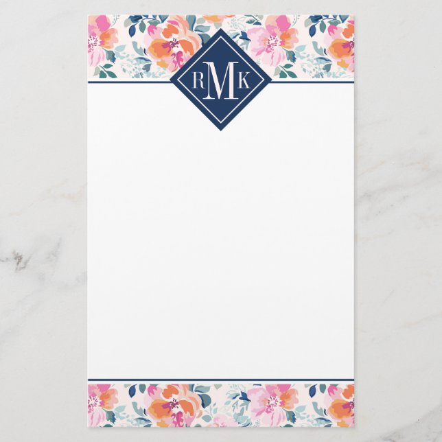 Monogram | Painted Roses Pattern Stationery (Front)