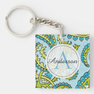 Monogram Paisley Colourful Aqua Boho Trendy Chic Key Ring