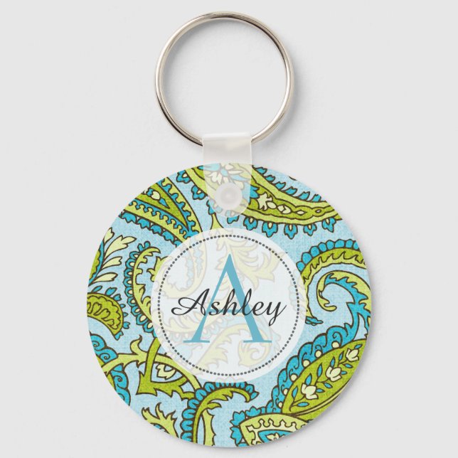 Monogram Paisley Colourful Aqua Boho Trendy Chic Key Ring (Front)